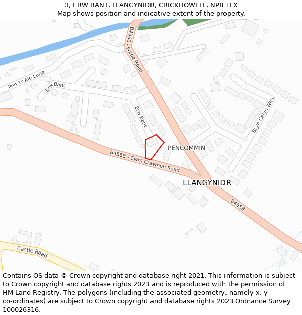 3, ERW BANT, LLANGYNIDR, CRICKHOWELL, NP8 1LX: Location map and indicative extent of plot