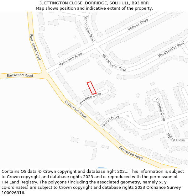 3, ETTINGTON CLOSE, DORRIDGE, SOLIHULL, B93 8RR: Location map and indicative extent of plot