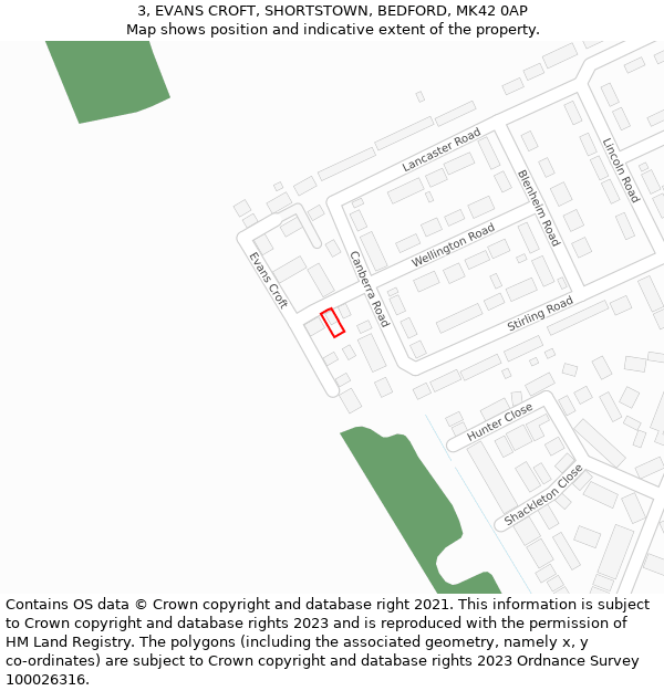 3, EVANS CROFT, SHORTSTOWN, BEDFORD, MK42 0AP: Location map and indicative extent of plot