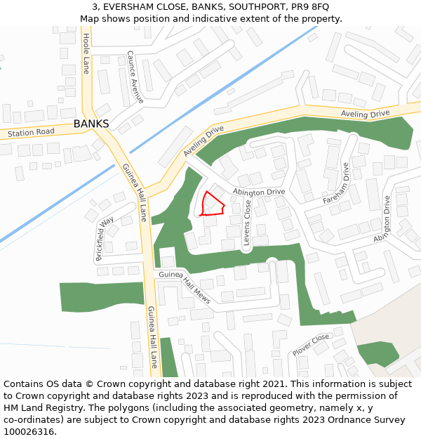 3, EVERSHAM CLOSE, BANKS, SOUTHPORT, PR9 8FQ: Location map and indicative extent of plot