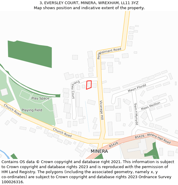 3, EVERSLEY COURT, MINERA, WREXHAM, LL11 3YZ: Location map and indicative extent of plot