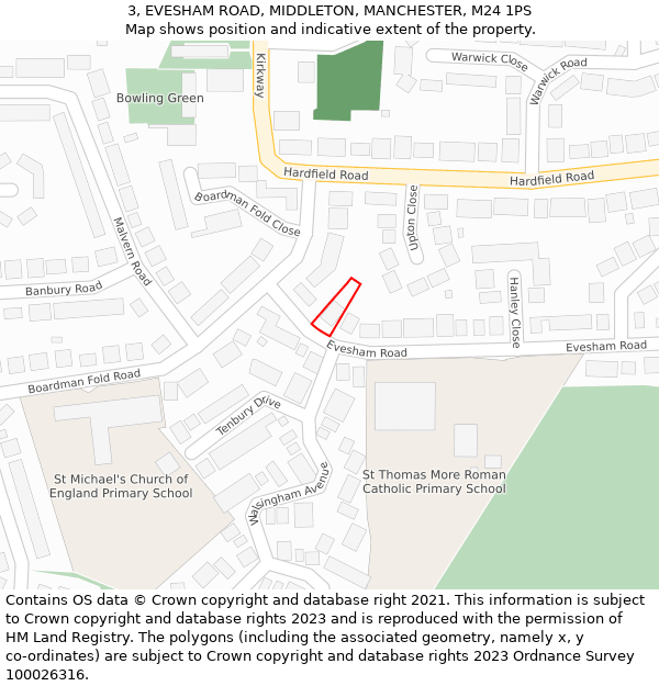 3, EVESHAM ROAD, MIDDLETON, MANCHESTER, M24 1PS: Location map and indicative extent of plot