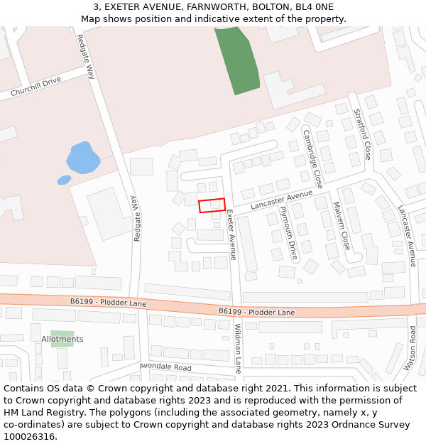 3, EXETER AVENUE, FARNWORTH, BOLTON, BL4 0NE: Location map and indicative extent of plot