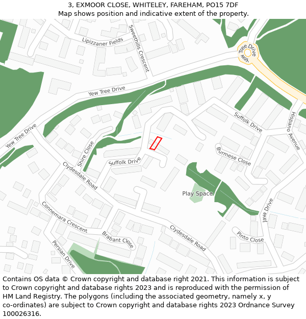 3, EXMOOR CLOSE, WHITELEY, FAREHAM, PO15 7DF: Location map and indicative extent of plot