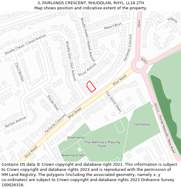 3, FAIRLANDS CRESCENT, RHUDDLAN, RHYL, LL18 2TH: Location map and indicative extent of plot