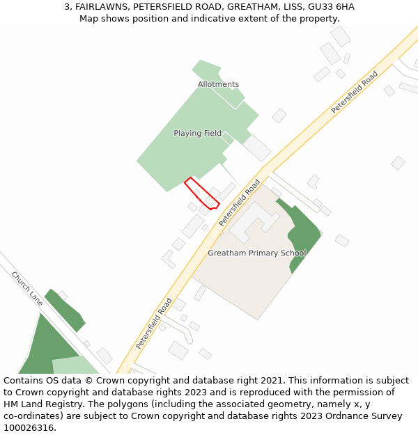3, FAIRLAWNS, PETERSFIELD ROAD, GREATHAM, LISS, GU33 6HA: Location map and indicative extent of plot
