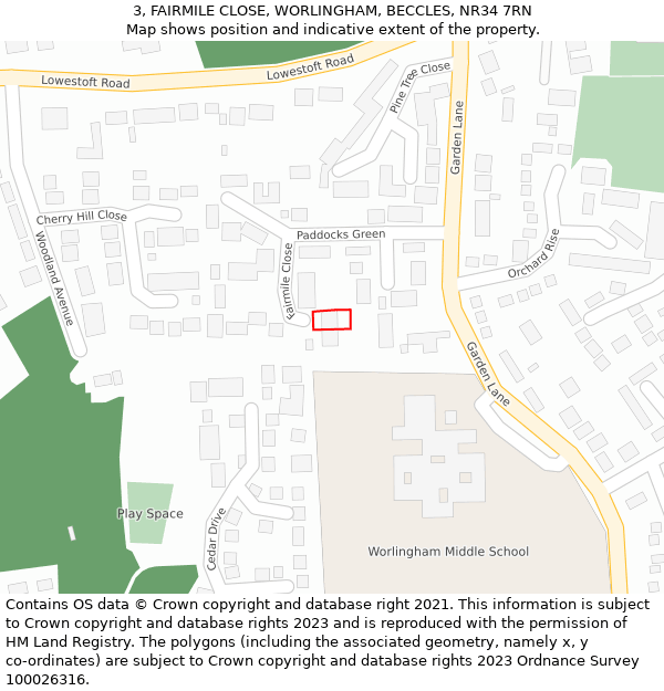 3, FAIRMILE CLOSE, WORLINGHAM, BECCLES, NR34 7RN: Location map and indicative extent of plot
