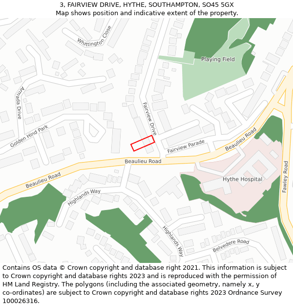 3, FAIRVIEW DRIVE, HYTHE, SOUTHAMPTON, SO45 5GX: Location map and indicative extent of plot