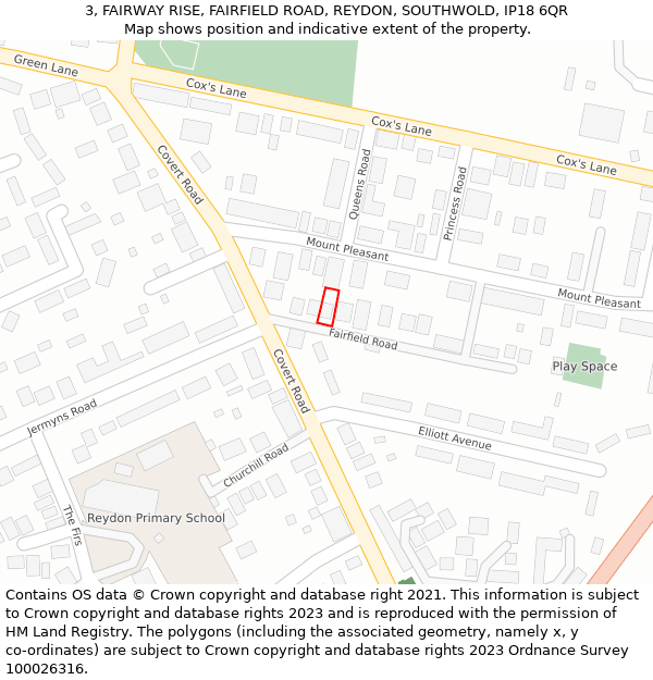 3, FAIRWAY RISE, FAIRFIELD ROAD, REYDON, SOUTHWOLD, IP18 6QR: Location map and indicative extent of plot