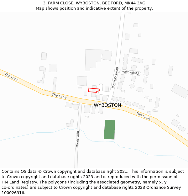 3, FARM CLOSE, WYBOSTON, BEDFORD, MK44 3AG: Location map and indicative extent of plot