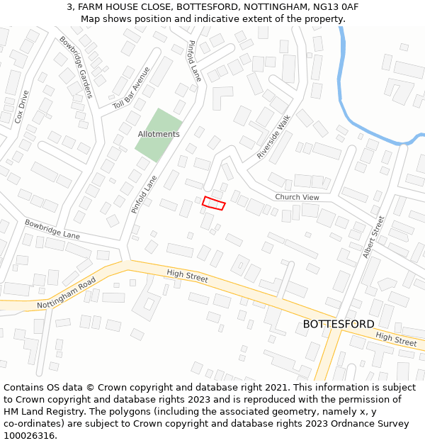 3, FARM HOUSE CLOSE, BOTTESFORD, NOTTINGHAM, NG13 0AF: Location map and indicative extent of plot