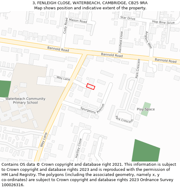 3, FENLEIGH CLOSE, WATERBEACH, CAMBRIDGE, CB25 9RA: Location map and indicative extent of plot