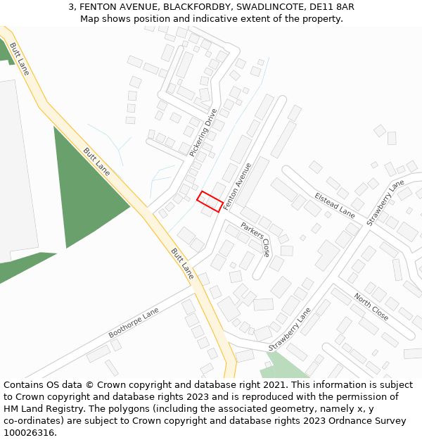 3, FENTON AVENUE, BLACKFORDBY, SWADLINCOTE, DE11 8AR: Location map and indicative extent of plot