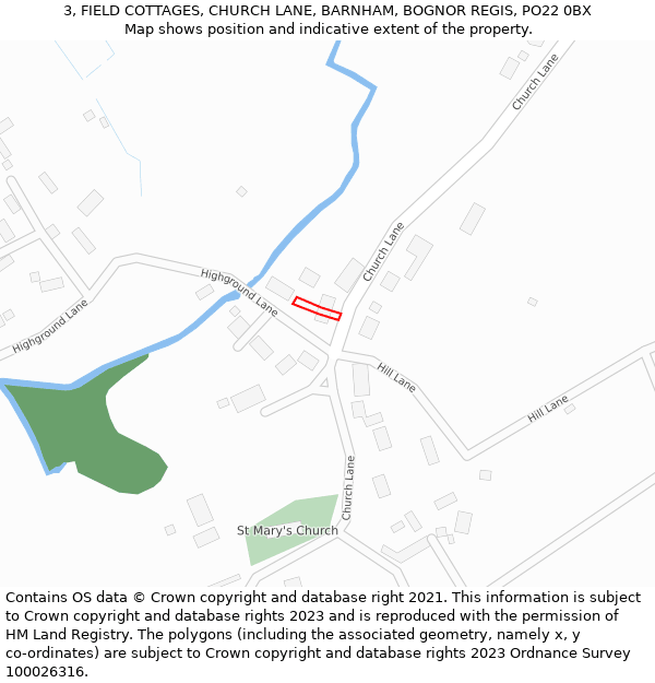 3, FIELD COTTAGES, CHURCH LANE, BARNHAM, BOGNOR REGIS, PO22 0BX: Location map and indicative extent of plot