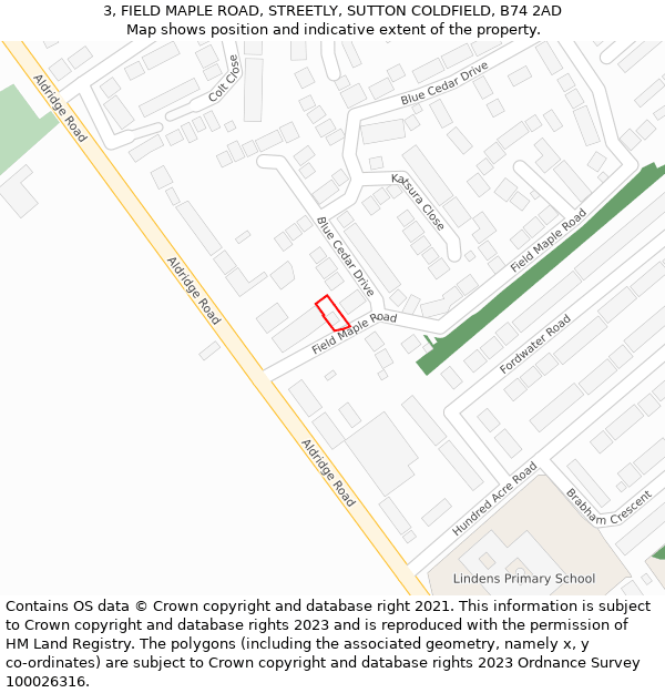3, FIELD MAPLE ROAD, STREETLY, SUTTON COLDFIELD, B74 2AD: Location map and indicative extent of plot