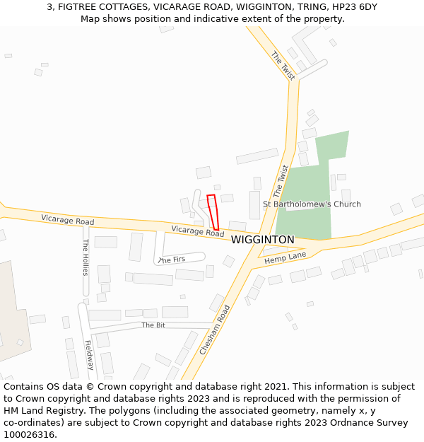 3, FIGTREE COTTAGES, VICARAGE ROAD, WIGGINTON, TRING, HP23 6DY: Location map and indicative extent of plot