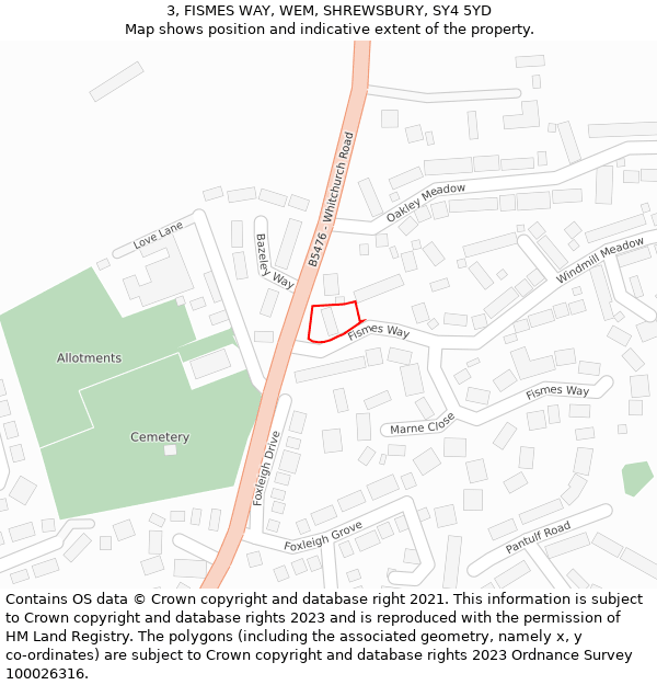 3, FISMES WAY, WEM, SHREWSBURY, SY4 5YD: Location map and indicative extent of plot