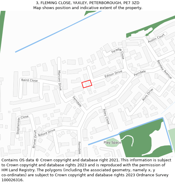 3, FLEMING CLOSE, YAXLEY, PETERBOROUGH, PE7 3ZD: Location map and indicative extent of plot