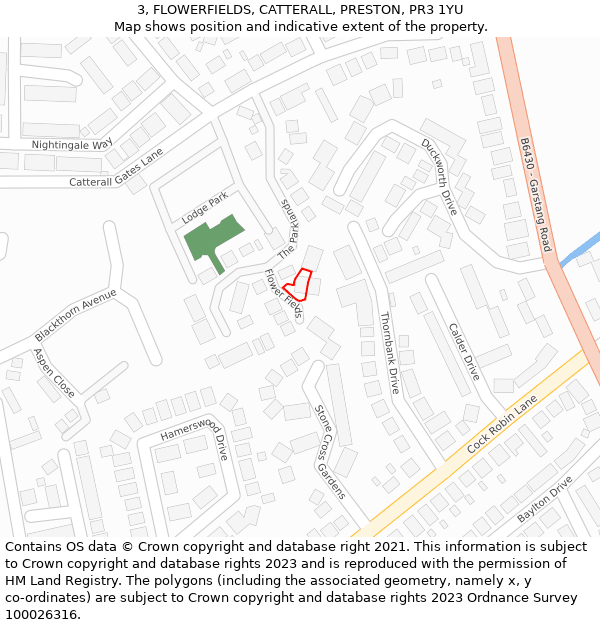 3, FLOWERFIELDS, CATTERALL, PRESTON, PR3 1YU: Location map and indicative extent of plot