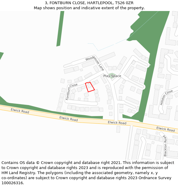 3, FONTBURN CLOSE, HARTLEPOOL, TS26 0ZR: Location map and indicative extent of plot