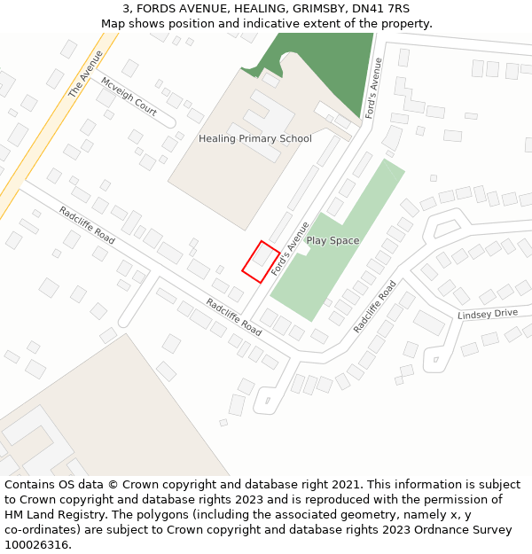 3, FORDS AVENUE, HEALING, GRIMSBY, DN41 7RS: Location map and indicative extent of plot