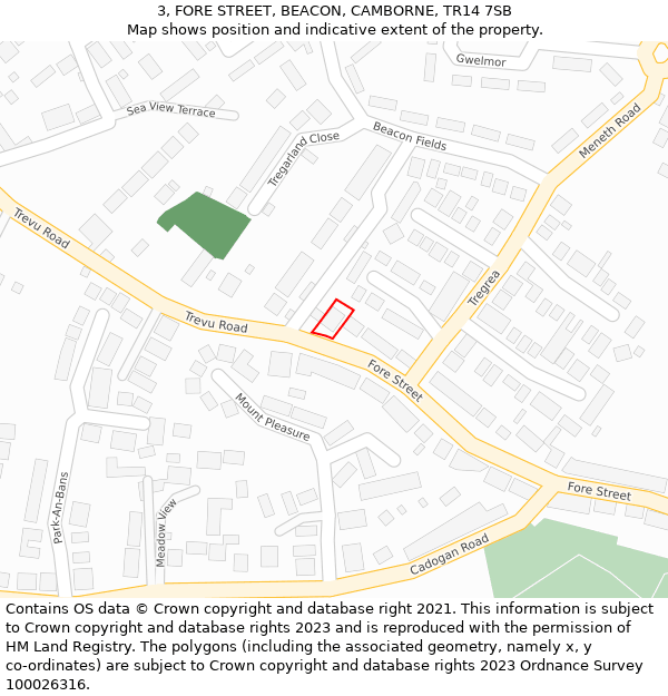 3, FORE STREET, BEACON, CAMBORNE, TR14 7SB: Location map and indicative extent of plot