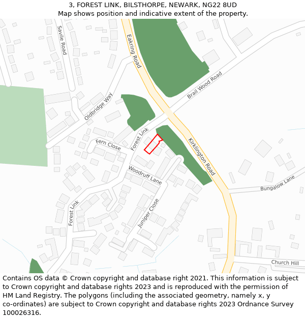 3, FOREST LINK, BILSTHORPE, NEWARK, NG22 8UD: Location map and indicative extent of plot