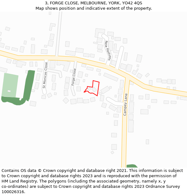 3, FORGE CLOSE, MELBOURNE, YORK, YO42 4QS: Location map and indicative extent of plot