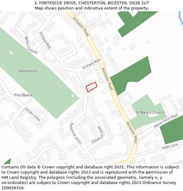 3, FORTESCUE DRIVE, CHESTERTON, BICESTER, OX26 1UT: Location map and indicative extent of plot
