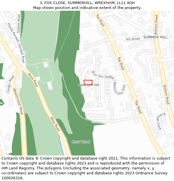 3, FOX CLOSE, SUMMERHILL, WREXHAM, LL11 4QH: Location map and indicative extent of plot