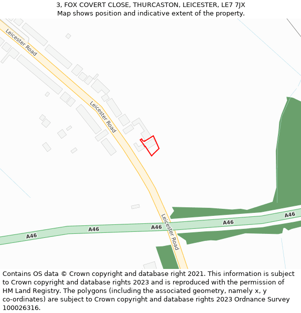 3, FOX COVERT CLOSE, THURCASTON, LEICESTER, LE7 7JX: Location map and indicative extent of plot