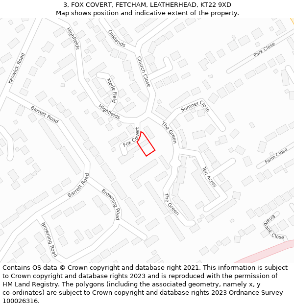 3, FOX COVERT, FETCHAM, LEATHERHEAD, KT22 9XD: Location map and indicative extent of plot