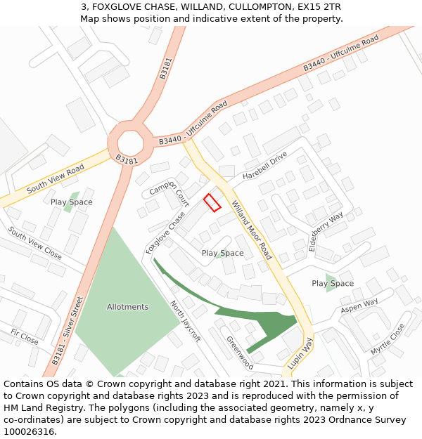 3, FOXGLOVE CHASE, WILLAND, CULLOMPTON, EX15 2TR: Location map and indicative extent of plot