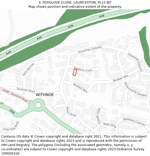 3, FOXGLOVE CLOSE, LAUNCESTON, PL15 9JT: Location map and indicative extent of plot