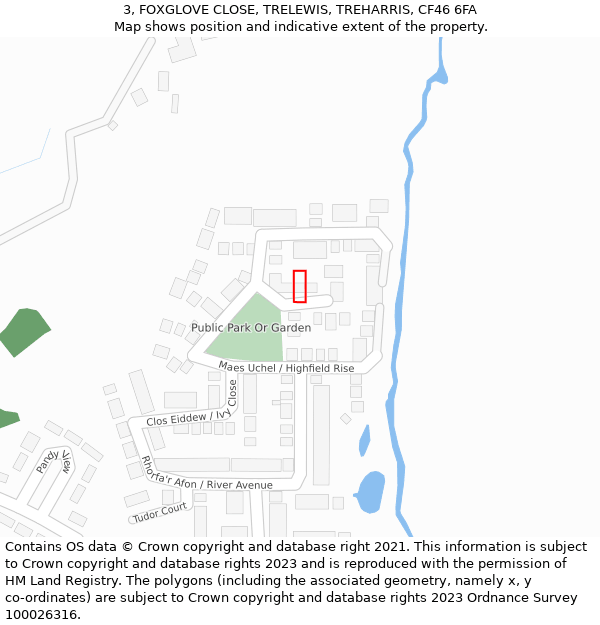 3, FOXGLOVE CLOSE, TRELEWIS, TREHARRIS, CF46 6FA: Location map and indicative extent of plot