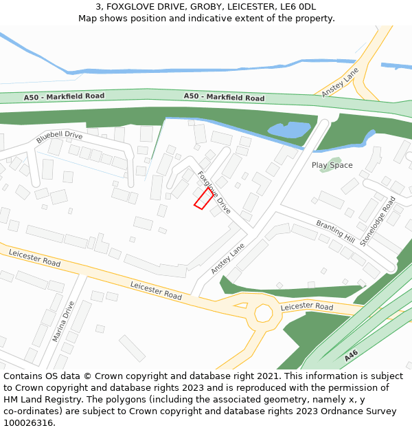 3, FOXGLOVE DRIVE, GROBY, LEICESTER, LE6 0DL: Location map and indicative extent of plot