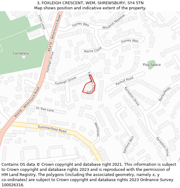 3, FOXLEIGH CRESCENT, WEM, SHREWSBURY, SY4 5TN: Location map and indicative extent of plot