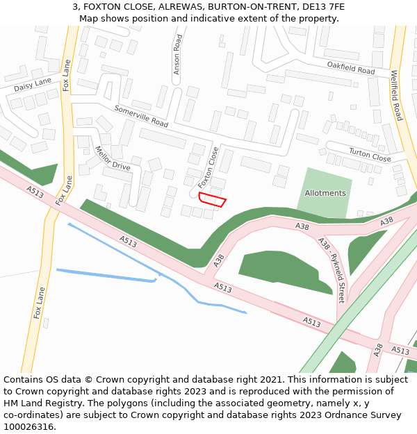 3, FOXTON CLOSE, ALREWAS, BURTON-ON-TRENT, DE13 7FE: Location map and indicative extent of plot