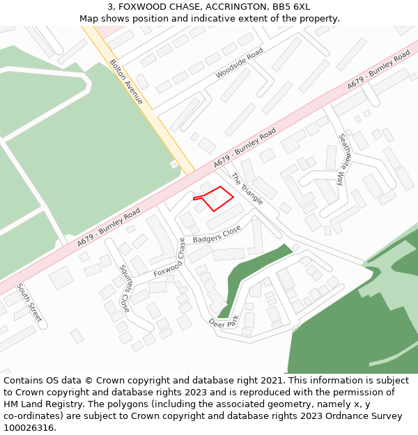 3, FOXWOOD CHASE, ACCRINGTON, BB5 6XL: Location map and indicative extent of plot