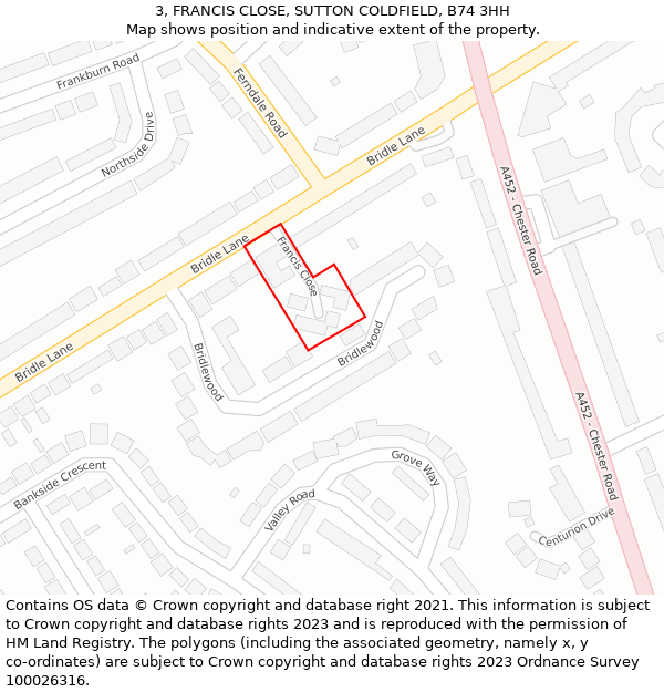 3, FRANCIS CLOSE, SUTTON COLDFIELD, B74 3HH: Location map and indicative extent of plot