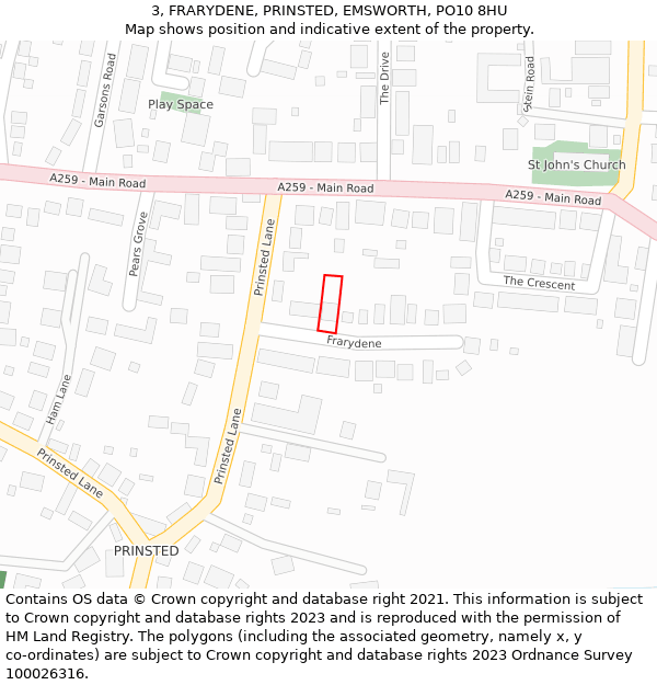 3, FRARYDENE, PRINSTED, EMSWORTH, PO10 8HU: Location map and indicative extent of plot