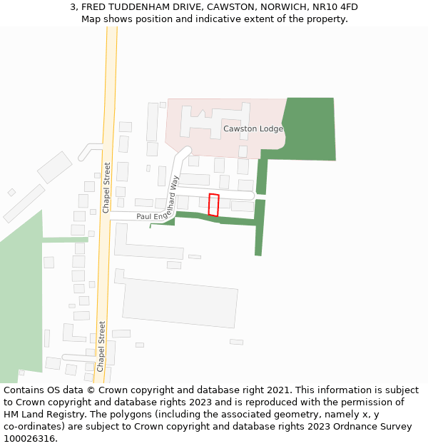 3, FRED TUDDENHAM DRIVE, CAWSTON, NORWICH, NR10 4FD: Location map and indicative extent of plot