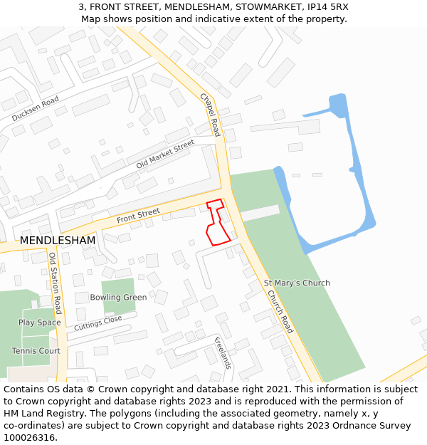 3, FRONT STREET, MENDLESHAM, STOWMARKET, IP14 5RX: Location map and indicative extent of plot