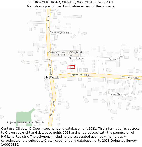 3, FROXMERE ROAD, CROWLE, WORCESTER, WR7 4AU: Location map and indicative extent of plot