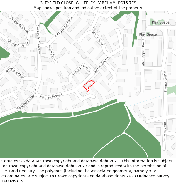 3, FYFIELD CLOSE, WHITELEY, FAREHAM, PO15 7ES: Location map and indicative extent of plot