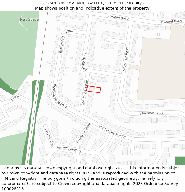 3, GAINFORD AVENUE, GATLEY, CHEADLE, SK8 4QG: Location map and indicative extent of plot
