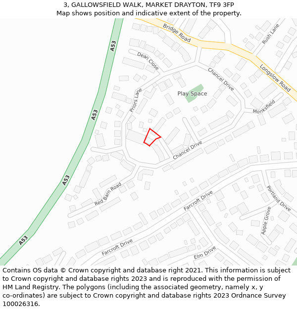 3, GALLOWSFIELD WALK, MARKET DRAYTON, TF9 3FP: Location map and indicative extent of plot