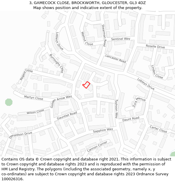 3, GAMECOCK CLOSE, BROCKWORTH, GLOUCESTER, GL3 4DZ: Location map and indicative extent of plot