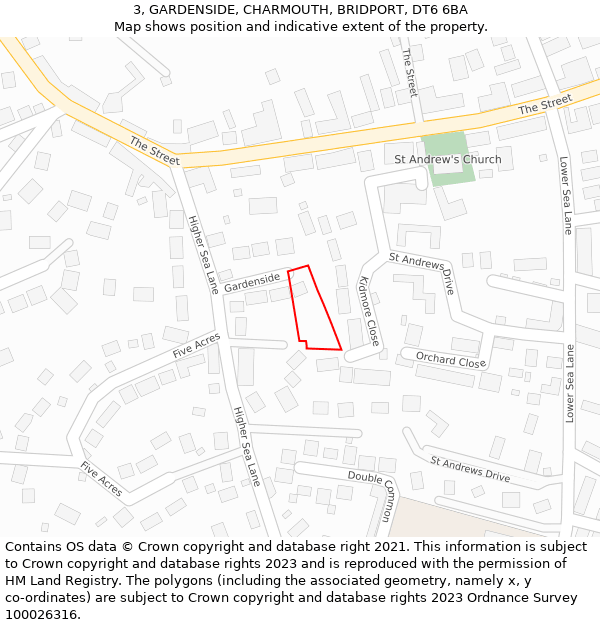 3, GARDENSIDE, CHARMOUTH, BRIDPORT, DT6 6BA: Location map and indicative extent of plot