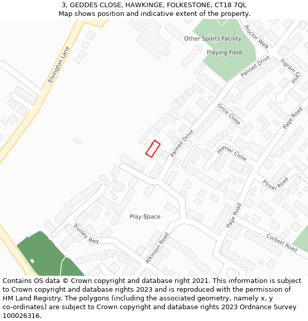 3, GEDDES CLOSE, HAWKINGE, FOLKESTONE, CT18 7QL: Location map and indicative extent of plot